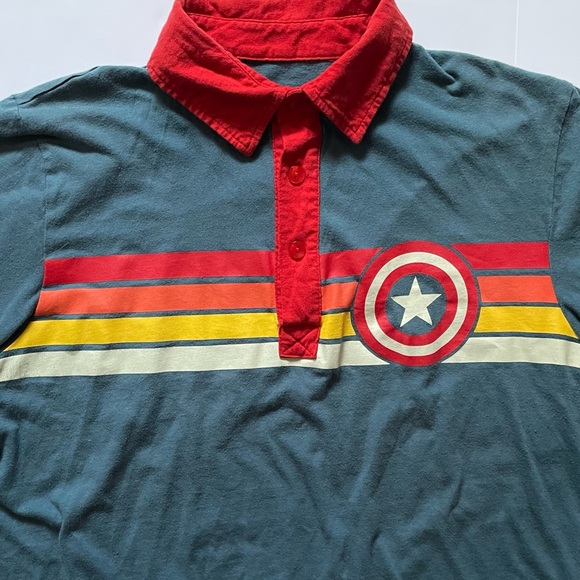 MARVEL Captain America Mens Small Polo Shirt We Love Fine Short Sleeve Blue Red - Picture 4 of 7